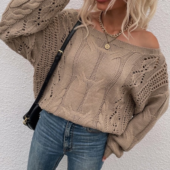 Boho Mocha Tan Off Shoulder Oversized Sweater - Picture 3 of 6